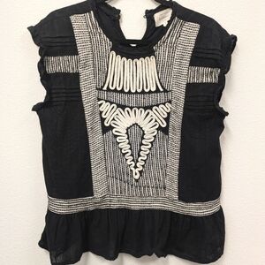 Böhme Black White Embroidered with Patch Fabric Short Sleeve Boho Top sz S